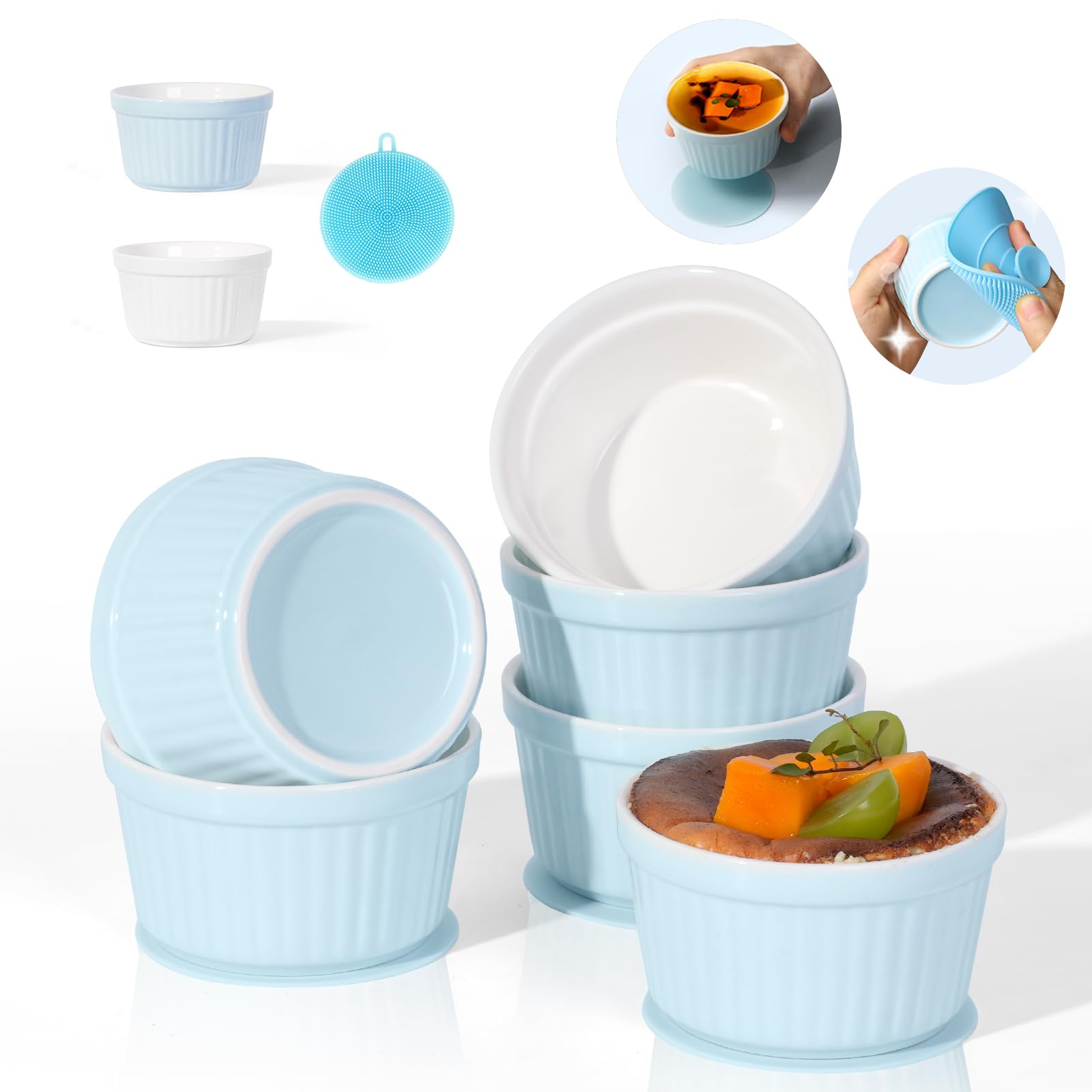 Comzantor Pirofila da Forno, 6 Pirottini Stampi per Ceramica, Mini Cocotte per Friggitrice ad Aria, Stampo Muffin, Cocotte per Budino, Soufflé, Gelati, per Forno ad Aria, Microonde, Bianco