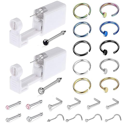 Jconly Nose Piercing Gun Kit - 2 Colors Disposable Sterile Safety Nose Piercing Gun with 22 Nose Jewelry Nose Studs Ring Hoop for Women Girls…