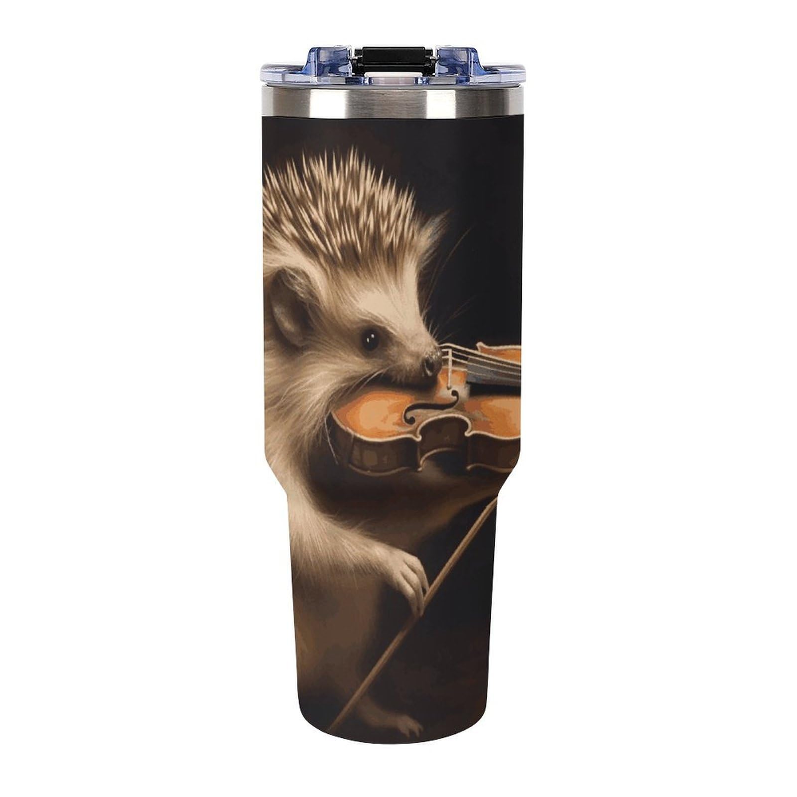 Autobecher aus 304 Edelstahl, Tier-Igel-Musik-Violinen-Becher mit Strohhalm und auslaufsicherem Deckel, großes Fassungsvermögen, vakuumisolierter Reisebecher für Auto-Becherhalter, 1,2 l