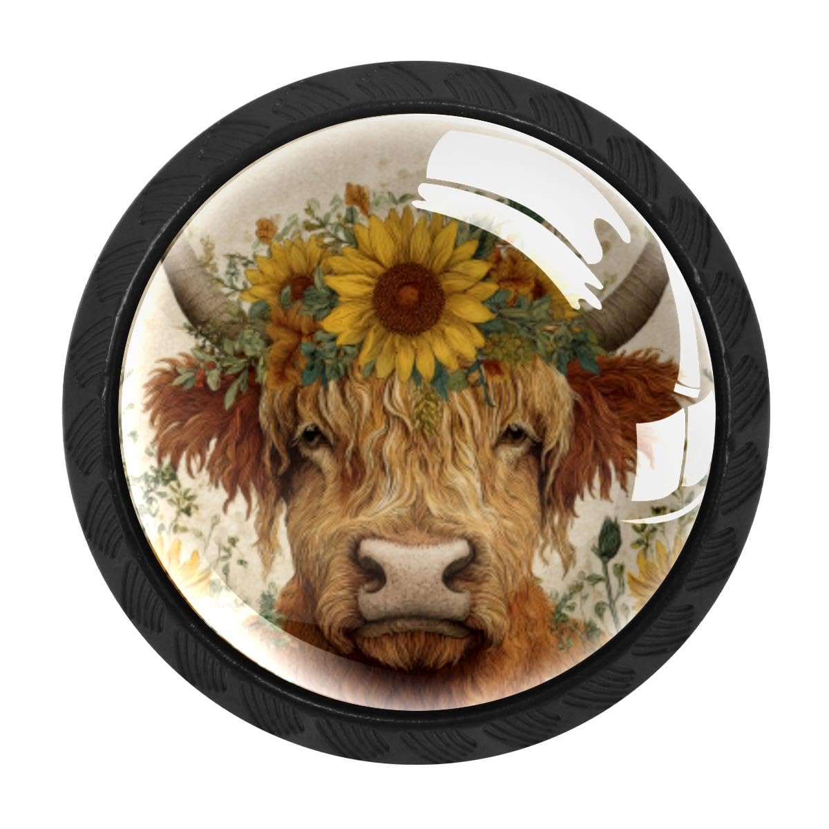 4 PCS Cabinet Knobs, Highland Cow Sunflower Drawer Knobs Dresser Handles