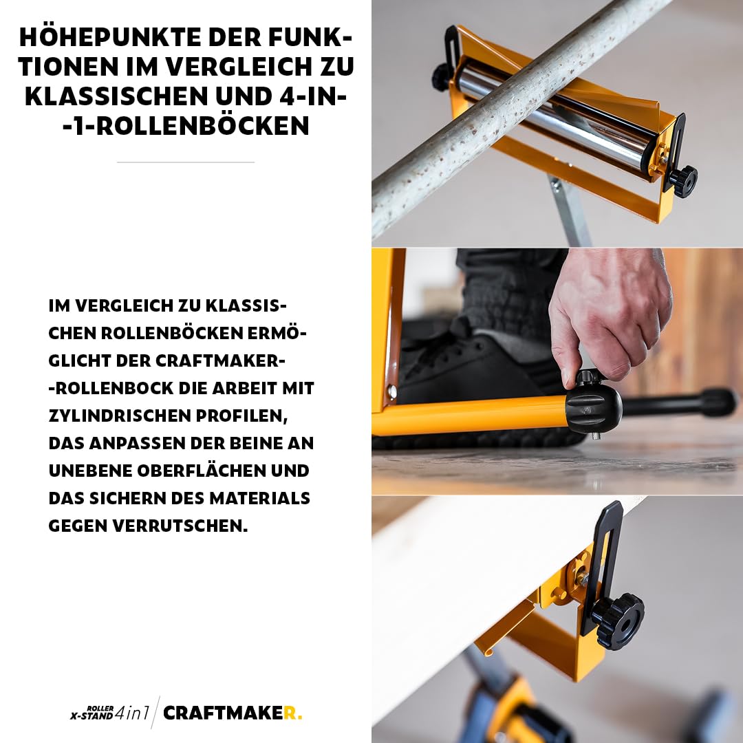 CRAFTMAKER 4-in-1 Rollenbock Höhenverstellbar - Rollbock & Rollenständer für Kappsägen und Tischkreissägen, mit Rollen-, Kugel-, Flach- & V-Auflage, klappbar 71–115 cm, bis 100 kg
