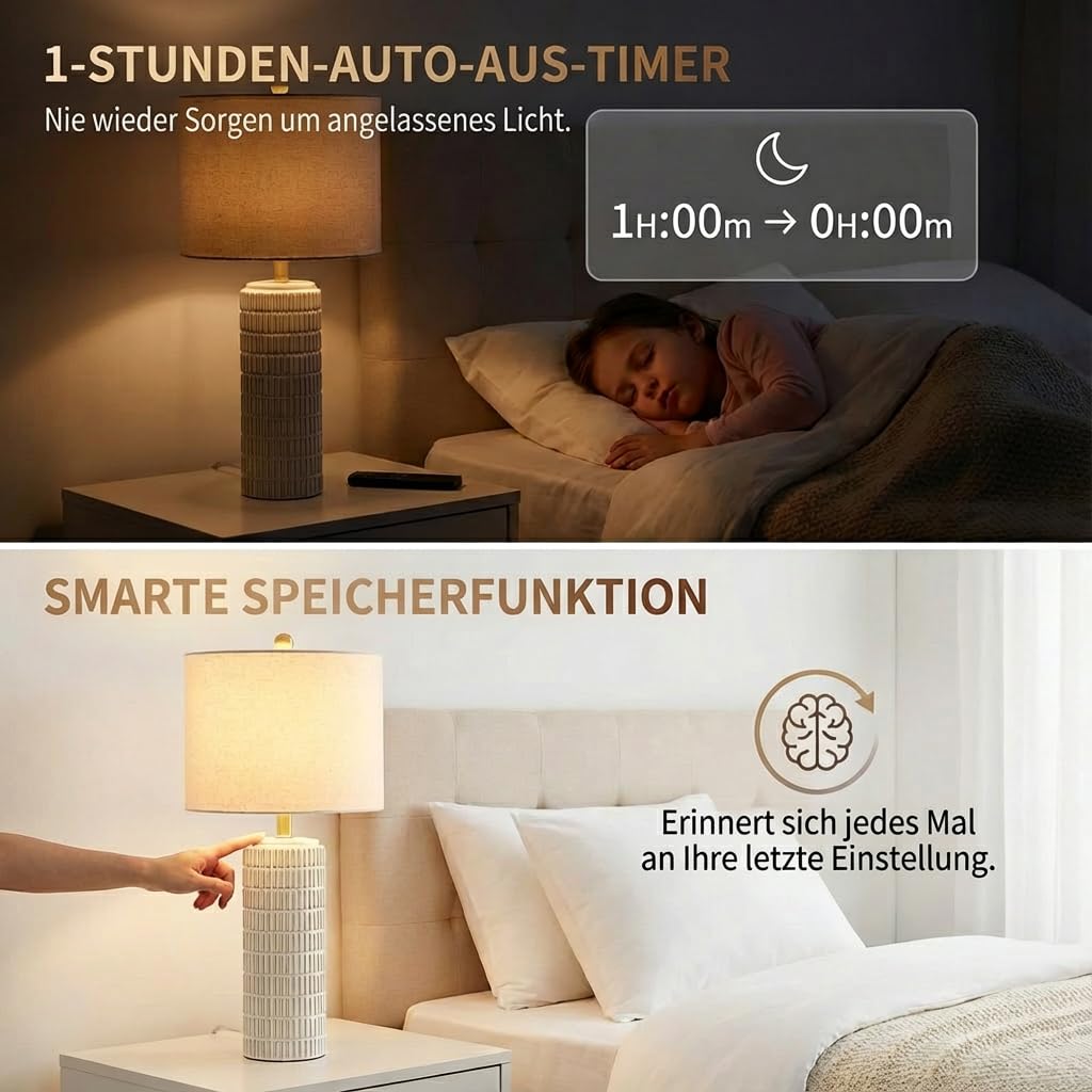 Tischlampen Leinenschirm 2er Set, H57cm LED Nachttischlampe Keramikfuß mit Timer 3 Farbtemperaturen Dimmbar, Inkl. E27-Birnen, Moderne Tischleuchte für Nachttisch Schlafzimmer Wohnzimmer Büro Lese