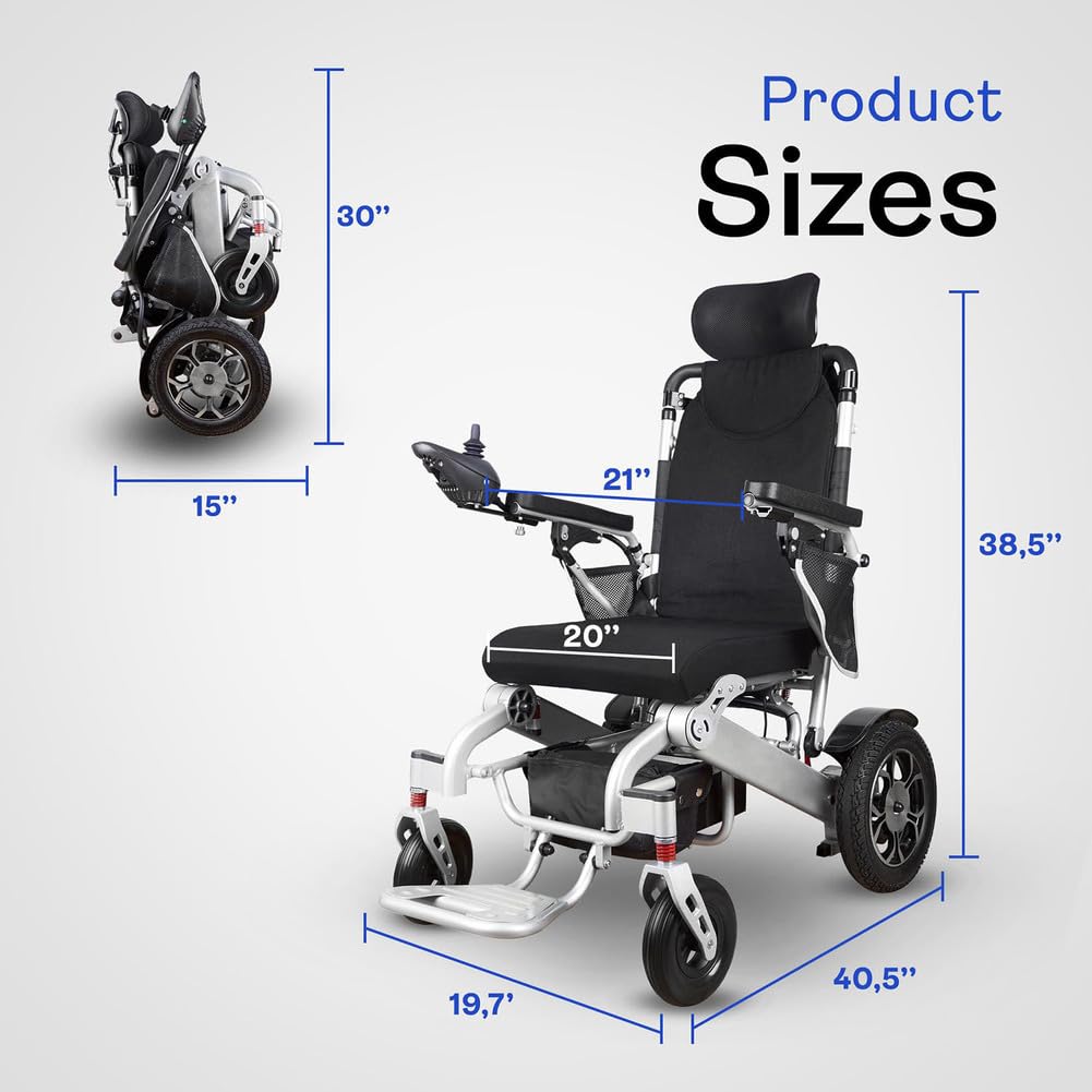 Silla de Ruedas eléctrica para Adultos, Ligera y Plegable, con Mando a Distancia, reposacabezas, baterías de Litio de 12 Ah y Motor de 500 W.