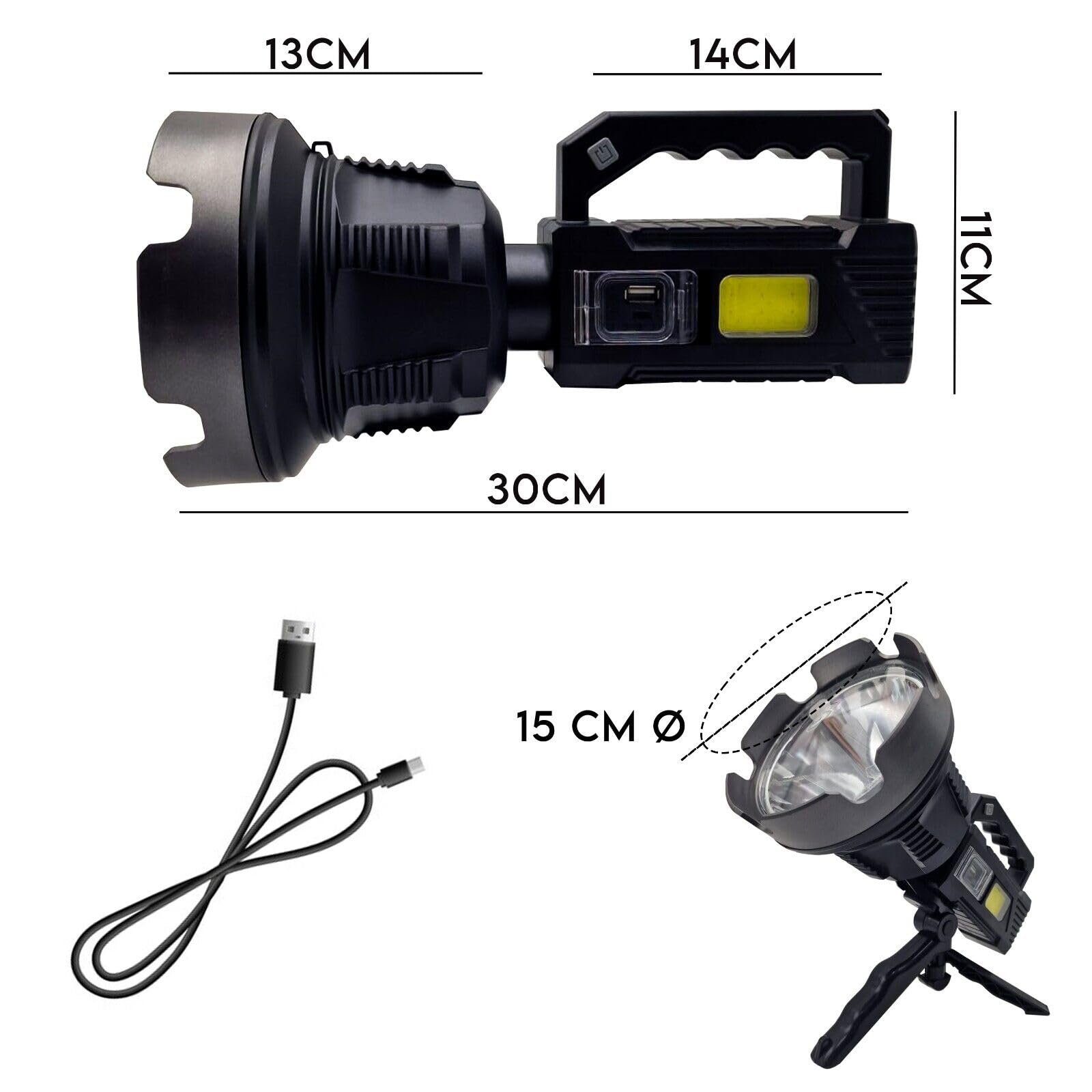MAKA Torcia LED Professionale Ricaricabile Solare Treppiedi con Potenza Super Luminosa per Illuminare fino a 500 Metri Impermeabile Lunga Autonomia Powerbank Campeggio Escursioni ed Emergenze (3 Foot)