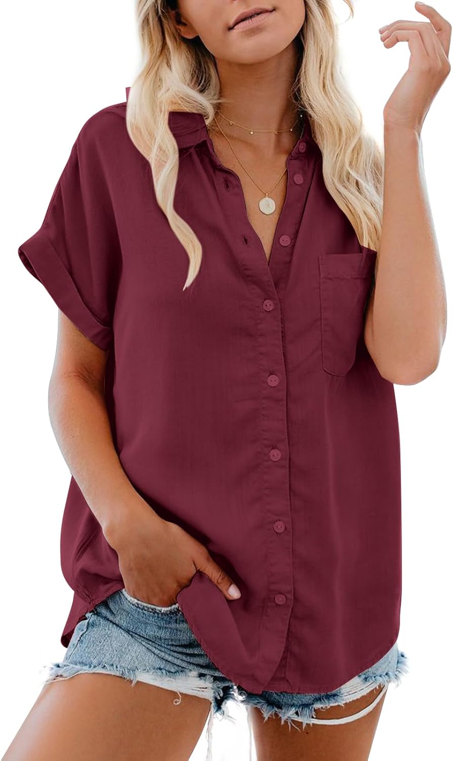 Womens Button Down Casual Shirts Cotton Short Sleeve Blouses Solid Summer Tops with Pocket
