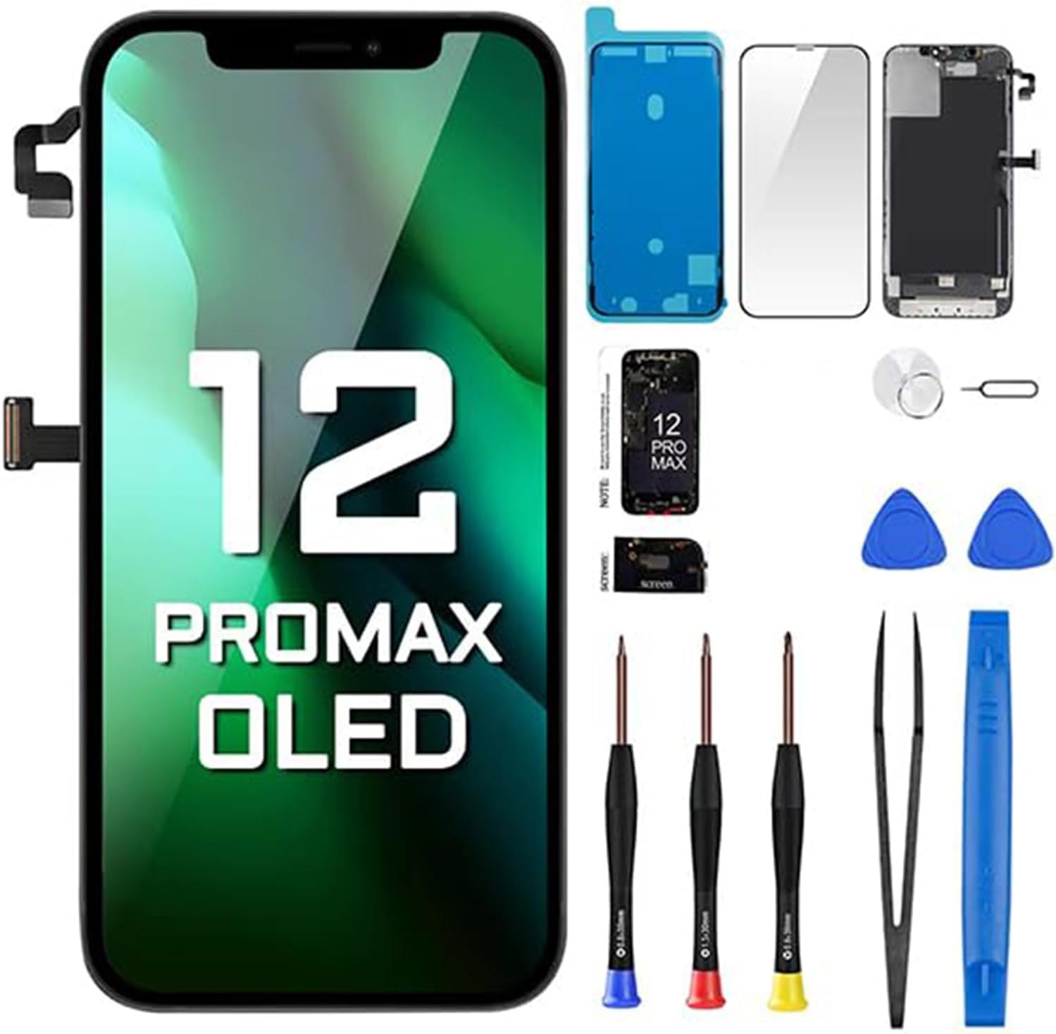 for iPhone 12 PRO MAX OLED Screen Replacement with Earpiece Proximity Sensor 12PROMAX OLED 3D Touch Display Digitizer 6.7" Full Repair Tools Kit with Magnetic Screws A2342 A2410 A2411 A2412