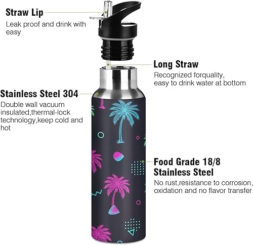 Miniatura 3 de Tropical Palm Trees - Botella de agua de acero inoxidable con aislamiento de neón con pajilla, 32 onzas, sin BPA, botella de agua deportiva a prueba