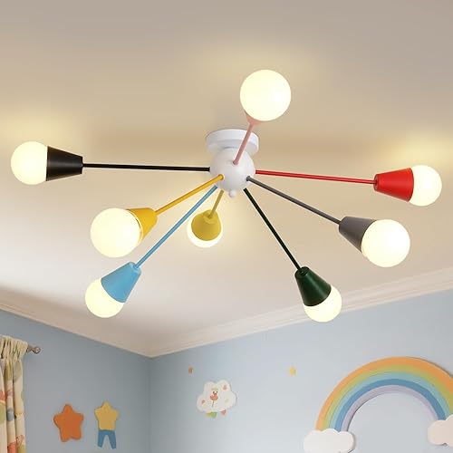 33” Kids Ceiling Light Fixture, Colorful 8-Light Sputnik Chandelier Lighting,