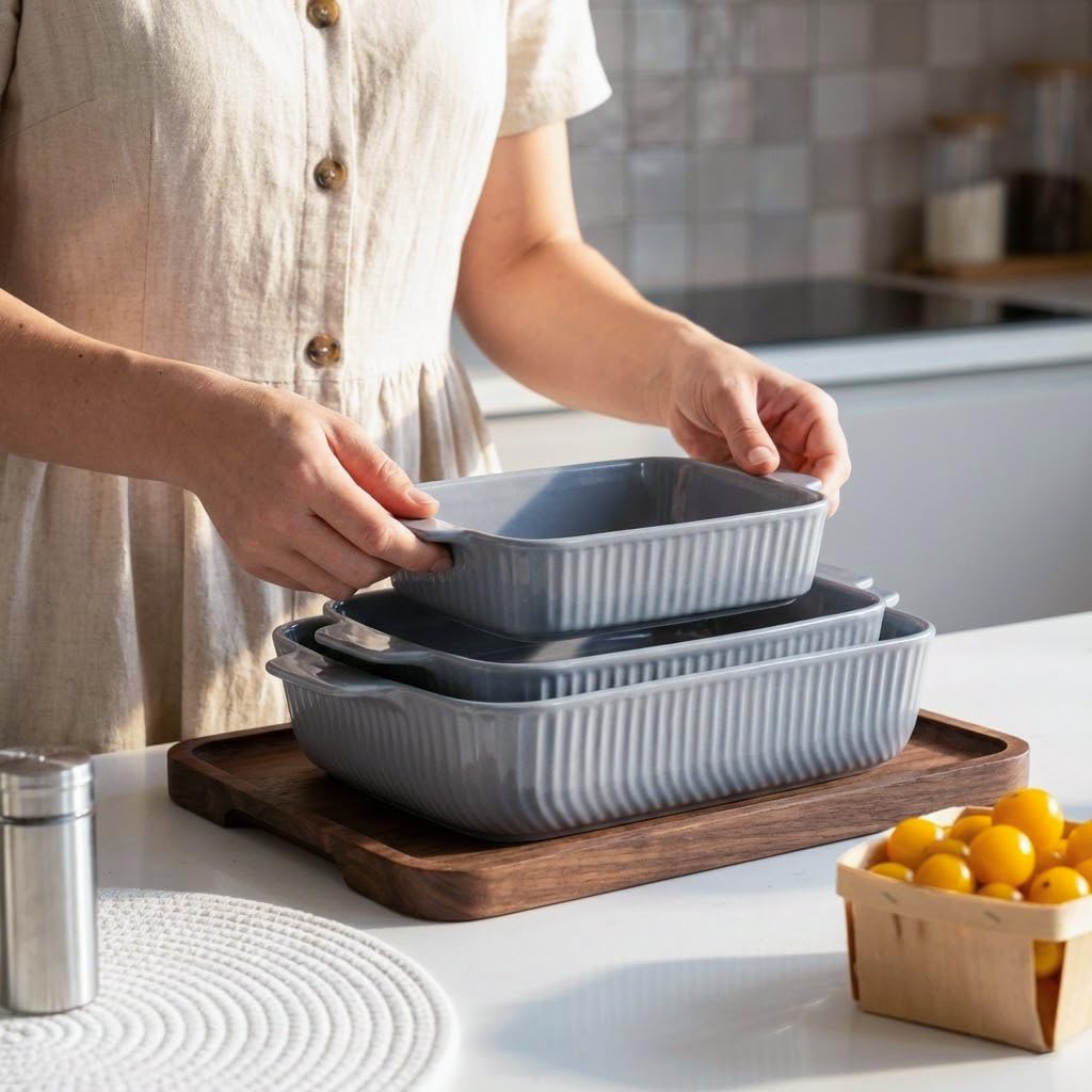 Yachi Zestaw ceramicznych naczyń do pieczenia: 3 szt. prostokątny zestaw naczyń do pieczenia naczynia do zapiekania z uchwytem do steków | wołowina | pieczeń | kurczak | spaghetti | lasagne | warzywa