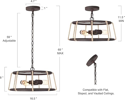 Miniatura 2 de LALUZ Lámpara colgante de jaula rústica de 3 luces, metal óxido y cuerda colgante para comedor, isla de cocina, vestíbulo