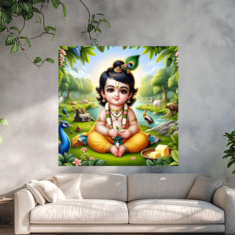 Image of British Terminal Cute little Bal Gopal Baby God Krishna| Kanha Ji | Laddu Lord Makhan Chor Painting Religious Poster for Pregnant Women for wall (matt thin vinyl,sticker,multicolor,unframed)| bj3