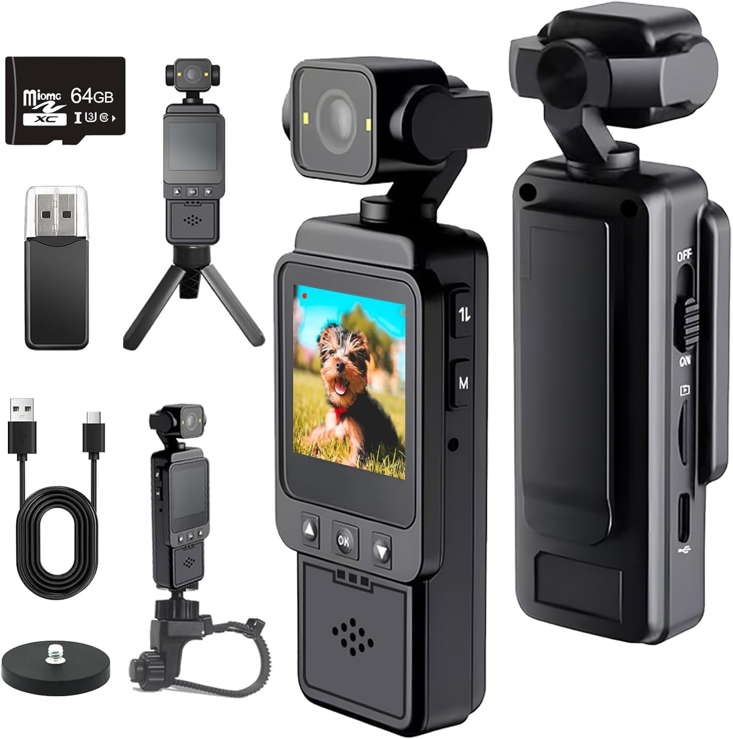 Mini Body Cam 2K con Schermo HD da 1,54", Videocamera Portatile Audio Video, Obiettivo Rotabile 270°/180°, Mini Action Cam Indossabile con Scheda 64GB per Vlog e Viaggi