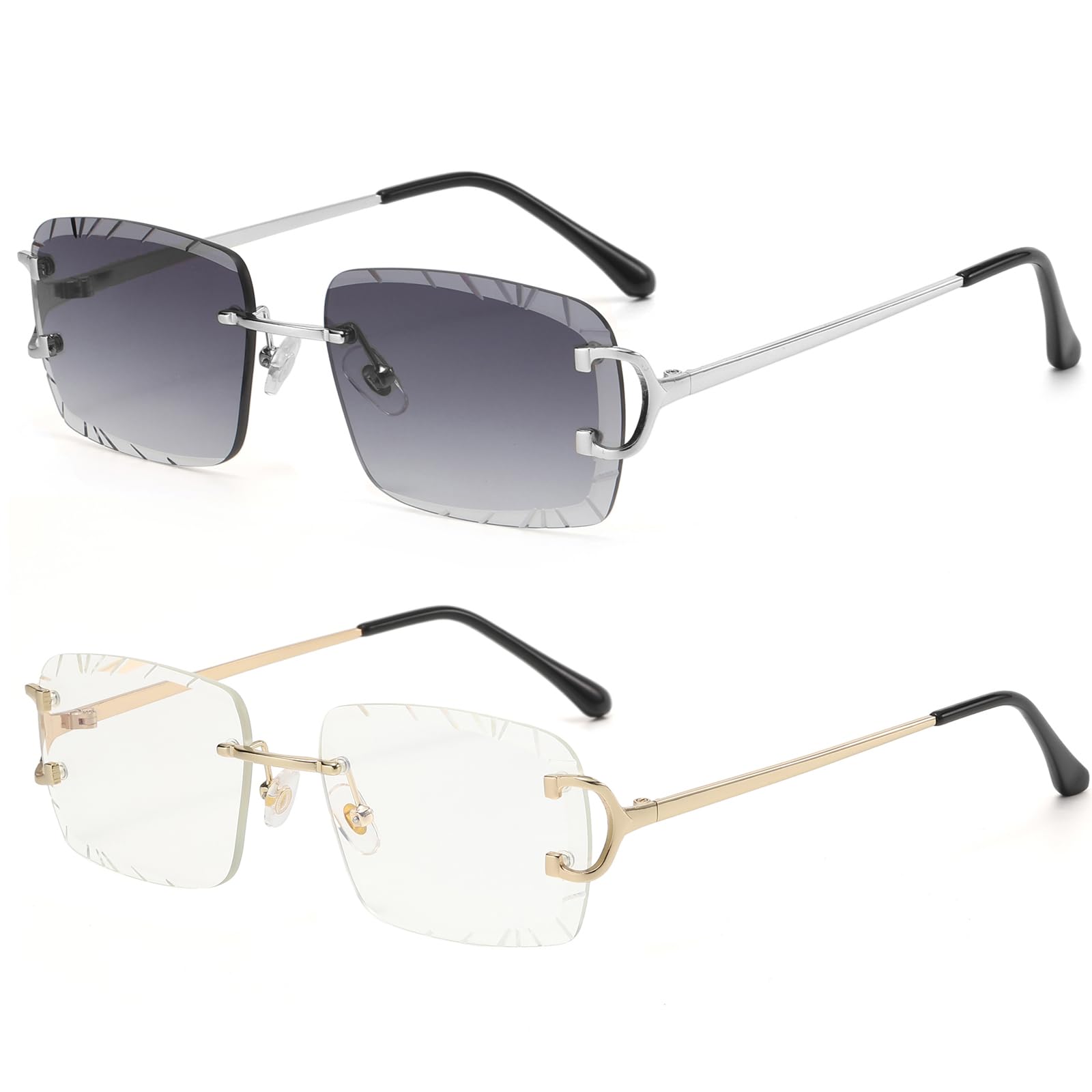 Retro Rimless Rectangle Sunglasses for Men Women Luxury Frameless Square Trendy Shade Diamond Cutting Eyewear