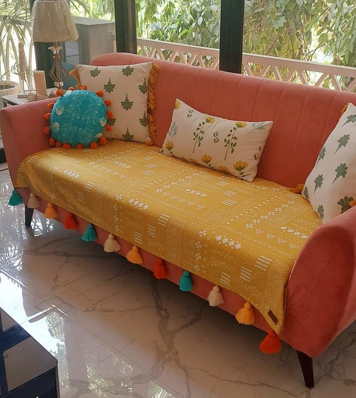 WWW.THROWPILLOW.IN Mustard African Tribal Pattern Desginer Sofa Cover with Tassels Three Seater Anti-Slip Sofa Throw 3 Seater- Diwali Home Decor-Sofa Seat Cover 3 Seater-image-10