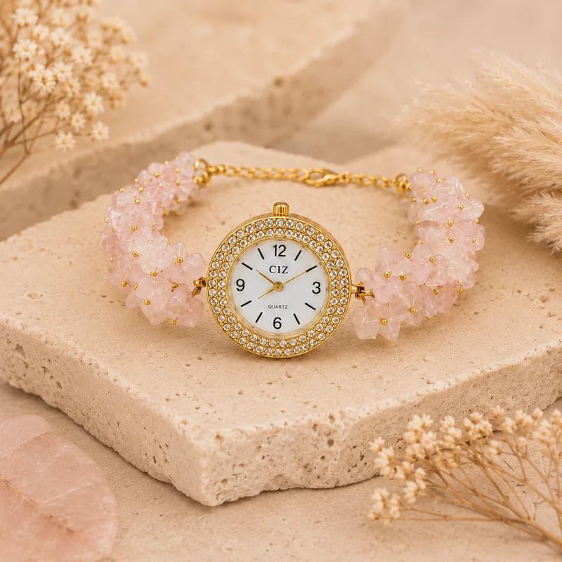 Image of ARKN Crystal Bracelet Watch for Women | Natural Gemstone Beaded Wrist Watch | Gold-Tone Dial with Rhinestone Bezel | Adjustable Fashion Jewellery Gift for Women & Girls