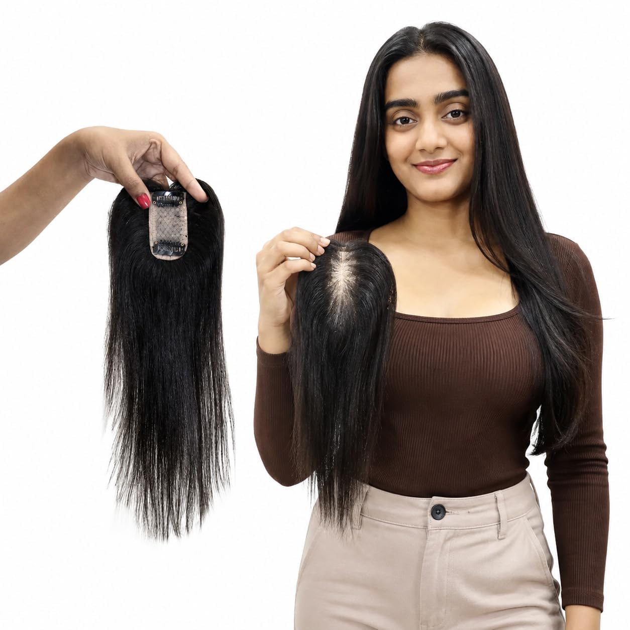 Silk Base Hair Topper for Women with Real Human Hair, Seamless Coverage, Clip-In Hairpiece for Thinning Crown, Handcrafted for a Natural Look, 1.5 X 4 Inches, 18 Inches-image-8