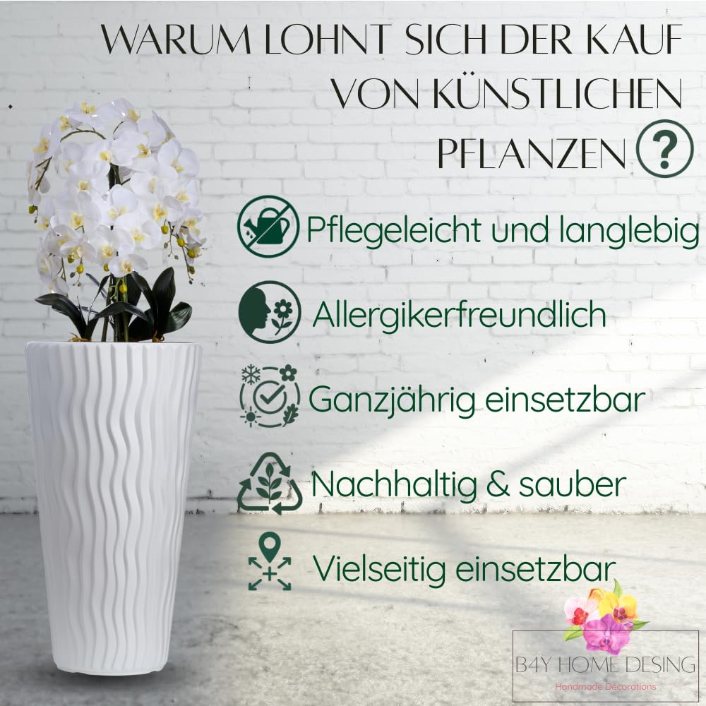 Kunstorchideen weiße Blüten Phalaenopsis Schmetterling mit Deko Elegant Hochtopf XXL groß 130cm hoch | Hochzeits-, Hoteldekoration für Wohnung Büro Praxis, wie Echt - für gemütliches Zuhause