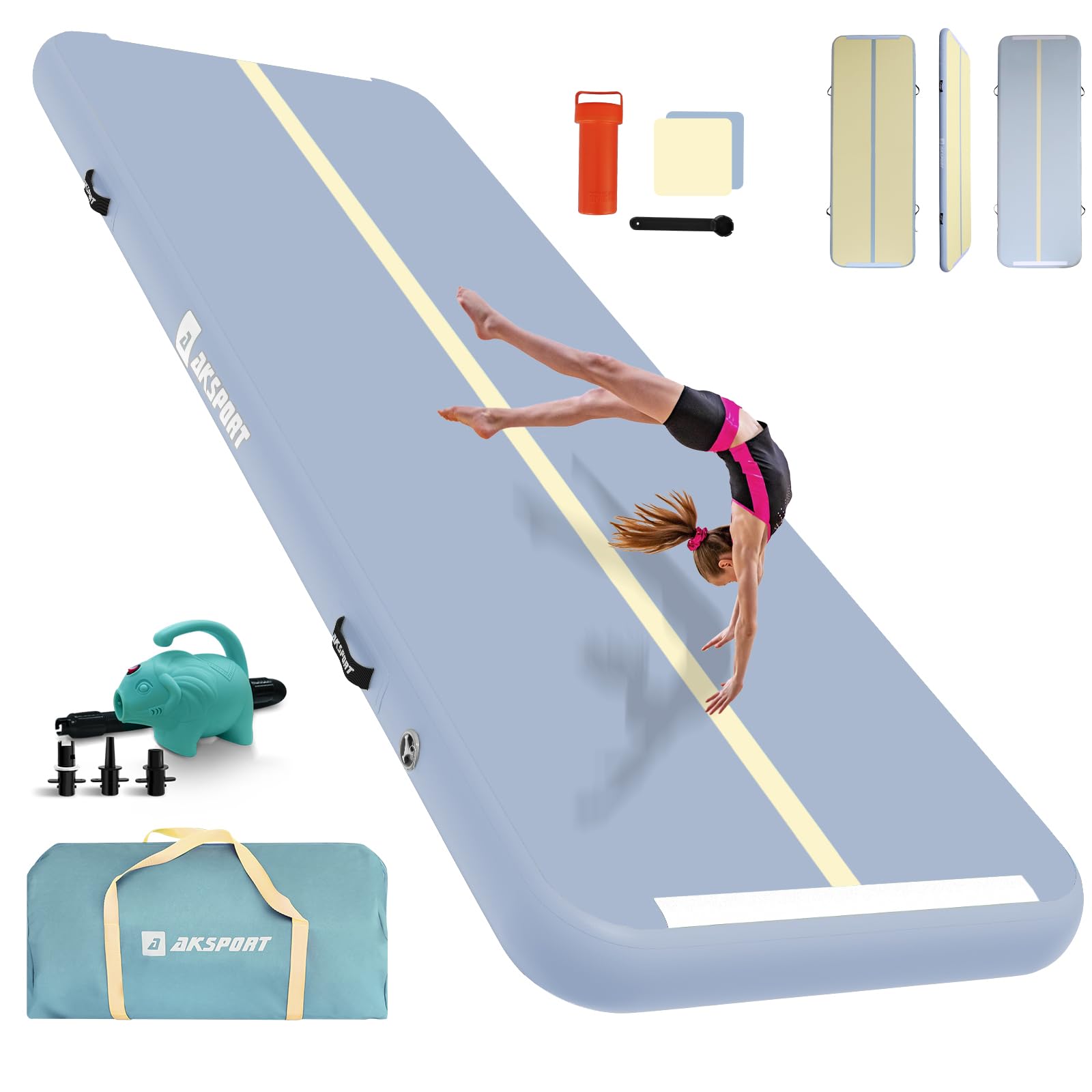 AKSPORT Tappeto Gonfiabile per Ginnastica da 3/4/5/6 metri Air Track Ginnastica Artistica 10/20 cm con Pompa Elettrica per Casa, Campeggio, Palestra,Formazione,Cheerleading