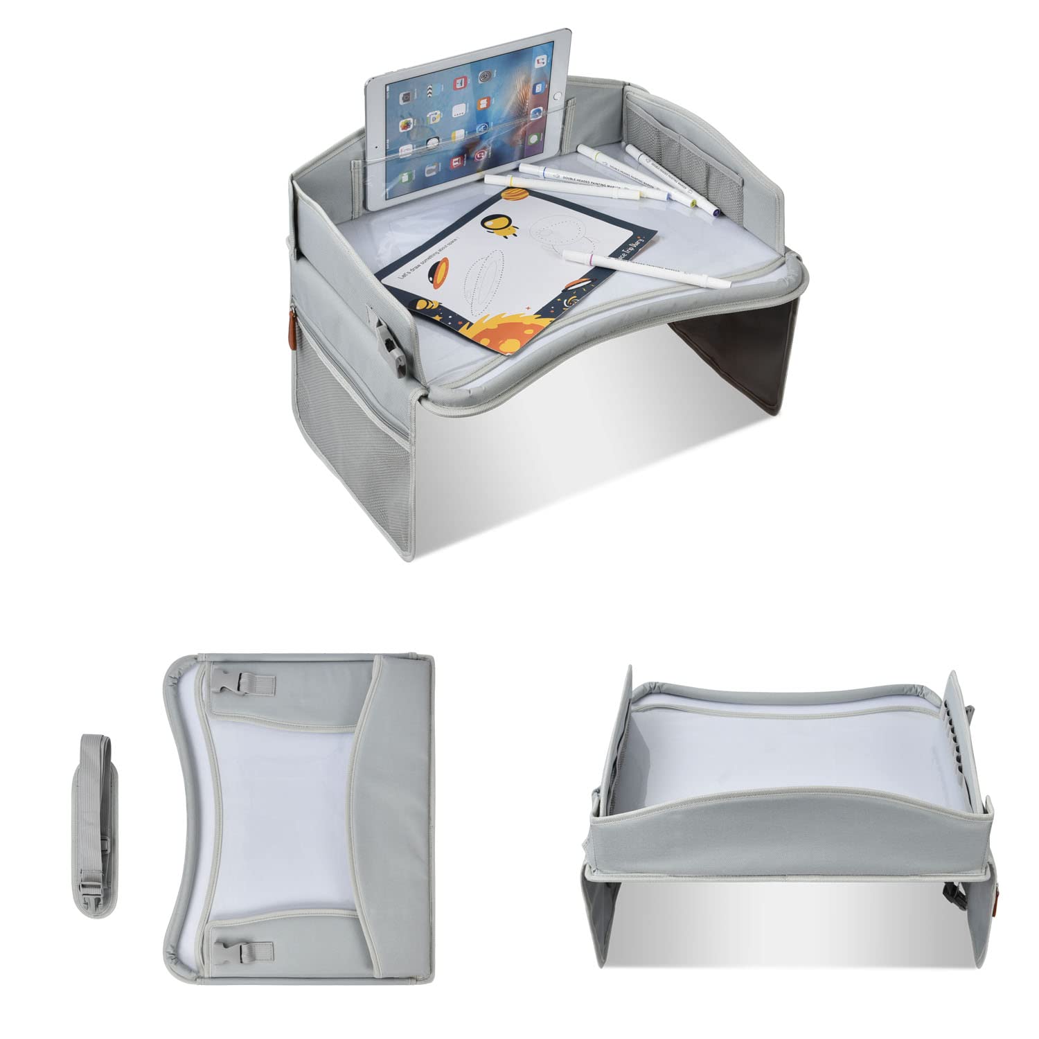 Tavolino viaggio bambini, vassoio ginocchia auto – tavolo gioco/sedile posteriore, aereo, treno, pranzo – superficie lavabile, supporto tablet, porta penne, tasche, verde – di KD Essentials