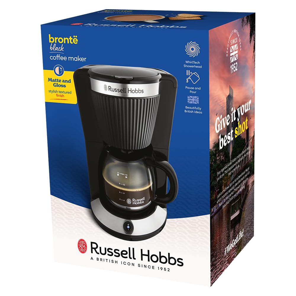 Russell Hobbs Amerykański ekspres do kawy, z filtrem [1,25 l, 1100 W] Brontë czarny (technologia WhirlTech, odporna na kapanie, utrzymywanie ciepła, szklany dzbanek, funkcja pauzy i serwowania