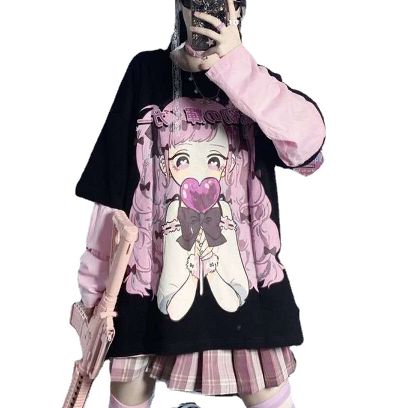 SMIMGOWomen Long Sleeve Anime Top Japanese Kawaii Goth Hoodies E-Girl Punk Pullover Sweatshirt Tee Shirt For Girls