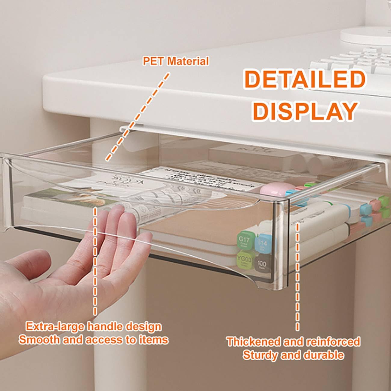 Cassetto sotto Scrivania [3 Pezzi] Cassetto Segreto Multiuso in Plastica con Supporto Autoadesivo per Scrivania, Ufficio, Cassetti Scrivania Portaoggetti Transparent,3PCS