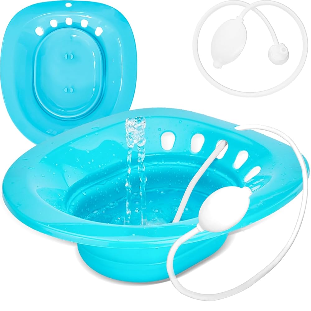 Pochik Sitz Bath for Toilet Seat Hemorrhoids and Postpartum Care, Yoni Steam Seat, Perineal Soaking, Collapsible, Flusher Hose, Drain Holes, Wider Seating Area - Navy