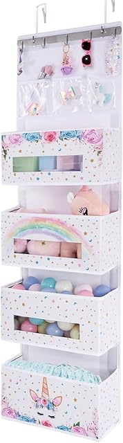 WERNNSAI Unicorn Over Door Hanging Organizer - Baby Storage with 4 Large Pockets 3 Clear Small Pockets for Kids 49 X 14 Over The Door Storage Toys Towels Sundries for Children Room Bedroom Kitchen