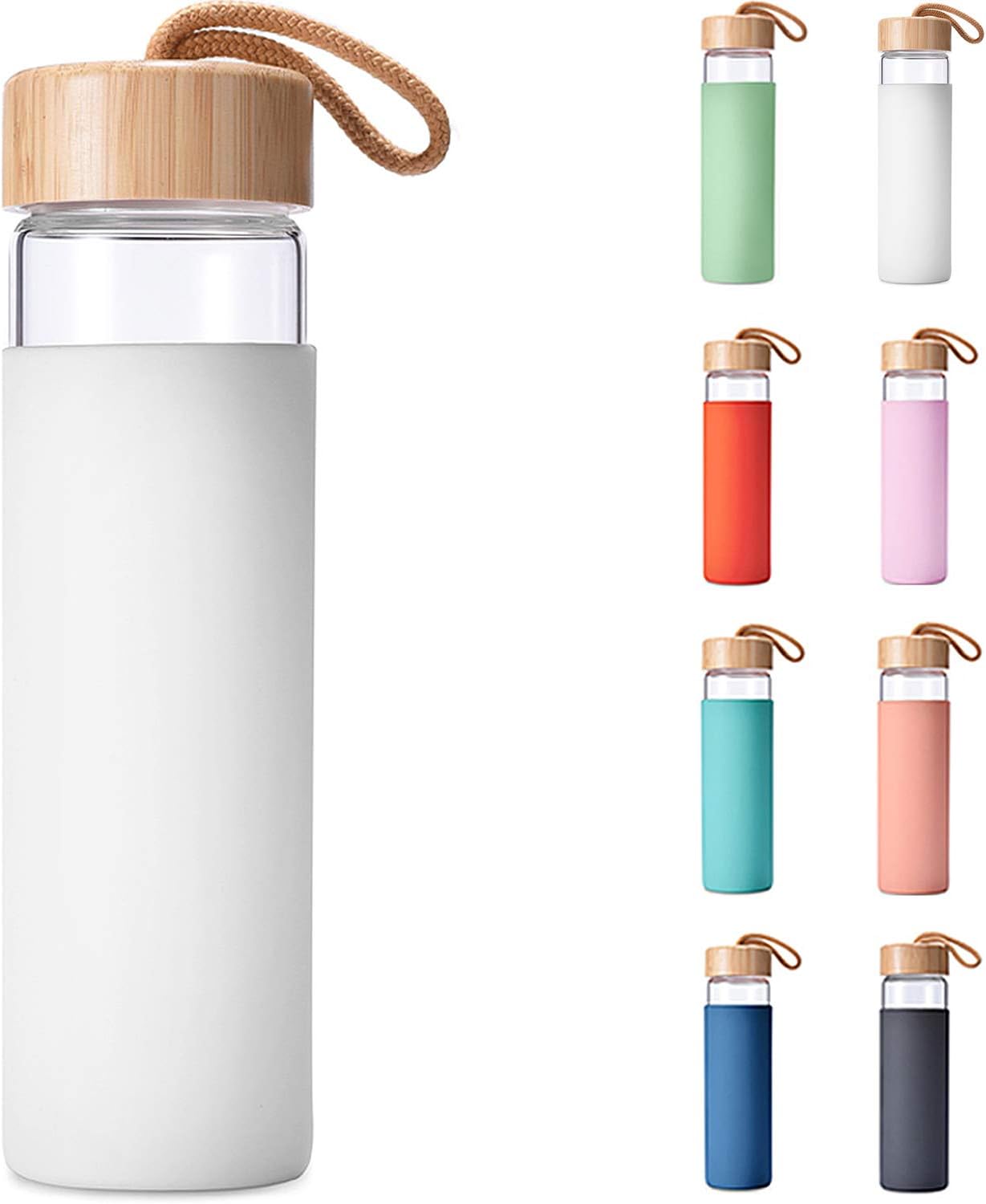 Product image of 20 Oz Borosilicate Glass Water Bottles with Silicone Sleeve BPA Free, Dishwasher Safe - Reusable Clear Glass Drinking with Leak Proof Bamboo Lid | Perfect Gym Water Bottles for Men & Women