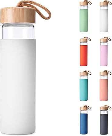 20 Oz Borosilicate Glass Water Bottle with Bamboo Lid and Silicone Sleeve Reusable BPA Free - Glass Shaker Bottle with Brush