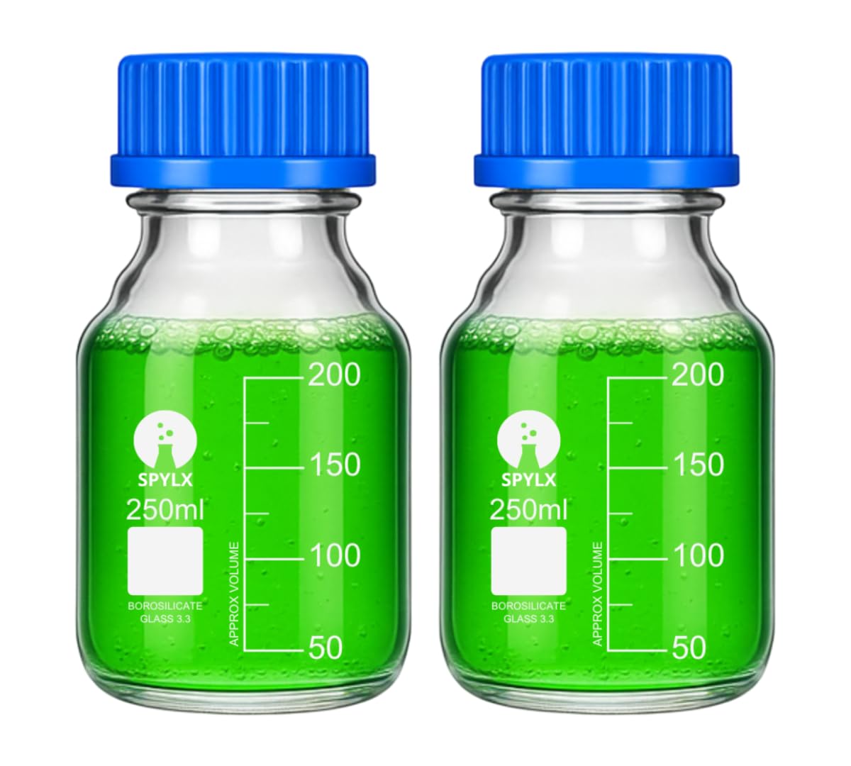SPYLX 250ml Glass Reagent Bottles – Set of 2 with Leak-Proof GL-45 Screw Caps | Durable Borosilicate Storage for Lab Chemicals, Solvents, Oils, and Scientific Use