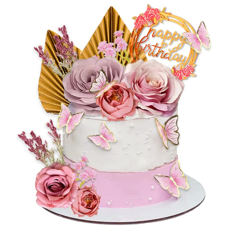 17 PCS Flower Cake Toppers Boho Cake Toppers Butterfly Cake Decorations with Artificial Rose Eucalyptus and Butterflies for Birthday Party Wedding Baby Shower Supplies (Dark Pink)