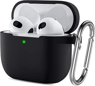 SNBLK AirPods 3 Case Cover, Soft Silicone Shock-Absorbing Protective Skin Compatible with AirPods 3rd Generation Case with Keychain 2021, Wireless Charging, Front LED Visible, Black