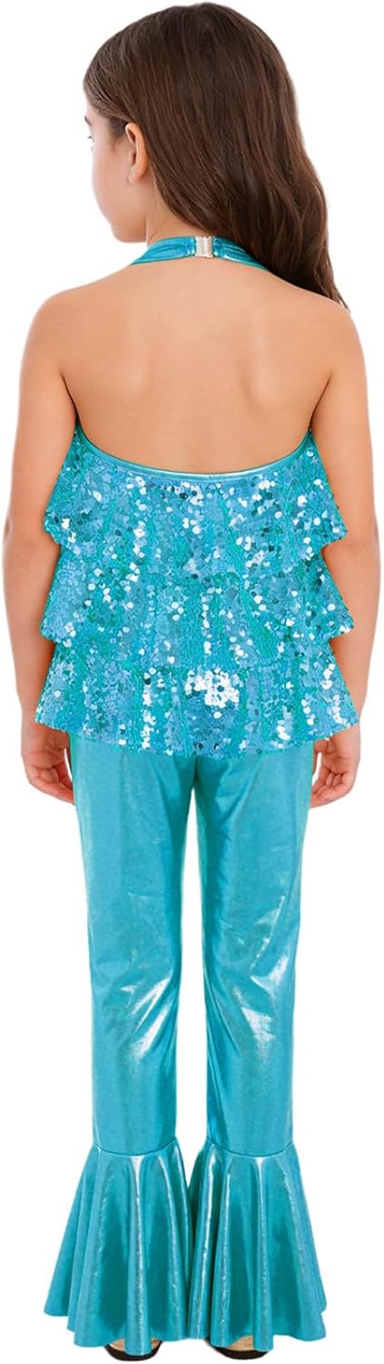 JEYPINMI Big Girls Sequin Jazz Dance Party Jumpsuit Performance Leotard Bell-Bottom Bodysuit Sparkling Dancing Gowns