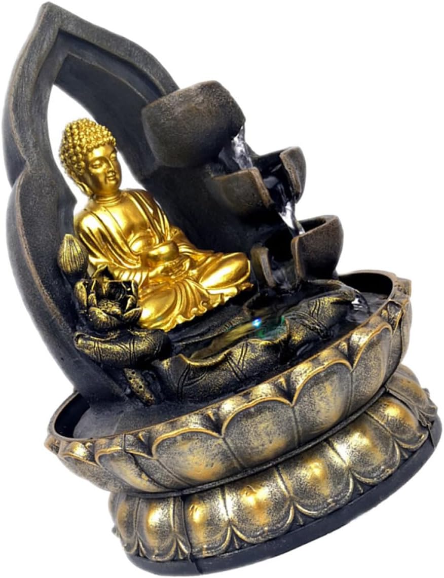 Buddha Statue Tabletop Waterfall Fountain Resin Craft Indoor Decor with Soothing Flowing Water for Home and Office US Standard Acv