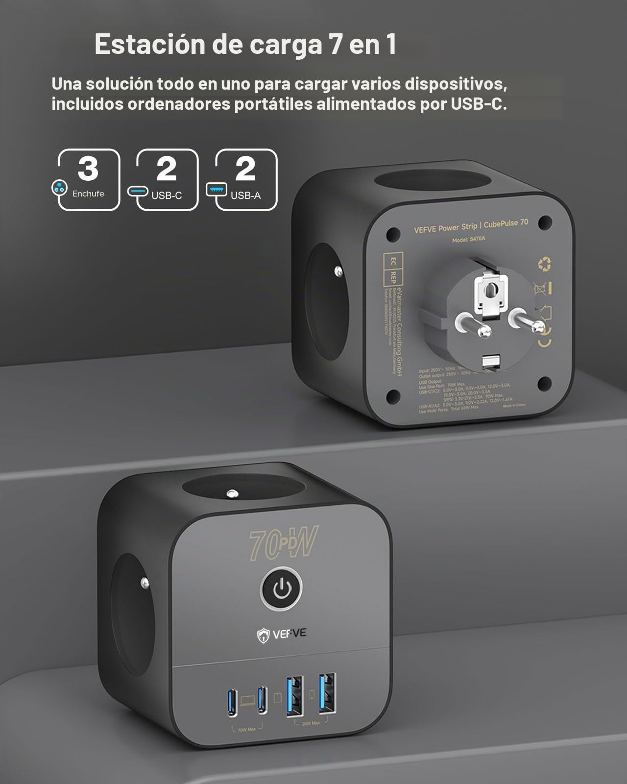 VEFVE Regleta Tipo E (Estándar Francés) 70W GAN, Cubo Enchufe Múltiple 7 en 1 Sin Cable con Interruptor, Carga Rápida para iPhone 17, MacBook, Galaxy, Negro
