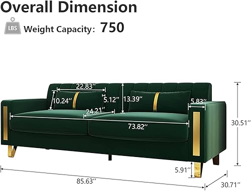 Miniatura 2 de Sofá biplaza de terciopelo moderno de mediados de siglo de 86 pulgadas, cojín de asiento ancho y grueso, sofá biplaza de 2 plazas con 2 almohadas