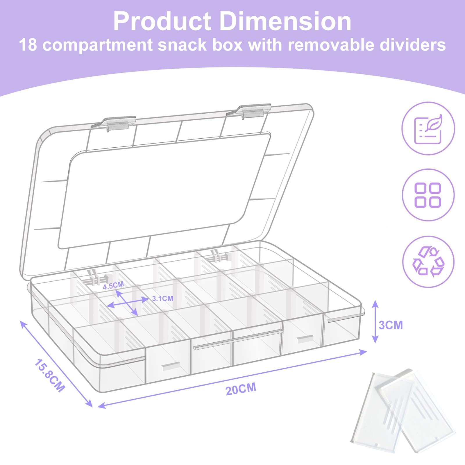 Surflyee Snack Box with 18 Removable Compartments - Plastic Organizer Container for Beads Screws, Nuts, Transparent, 20*16*3CM - Image 2