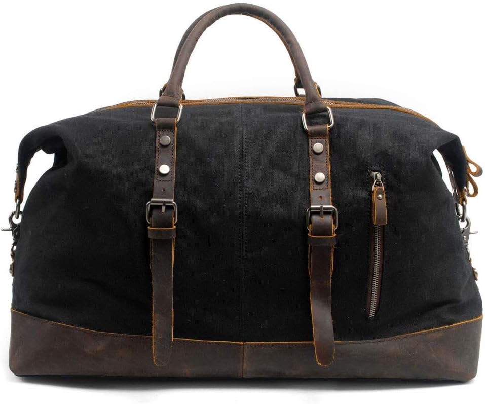 Large-Capacity Men's Portable Travel Bag Europe and America Waterproof Oil Wax Canvas Messenger Bag with Crazy Horse Leather,Black