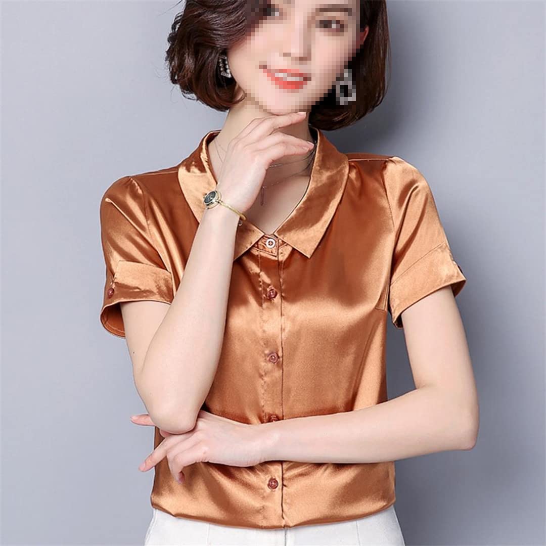 Camisa con Botones para Mujer, Manga Corta, Cuello en V, Blusa de Negocios para el Camisas de Seda Satinada