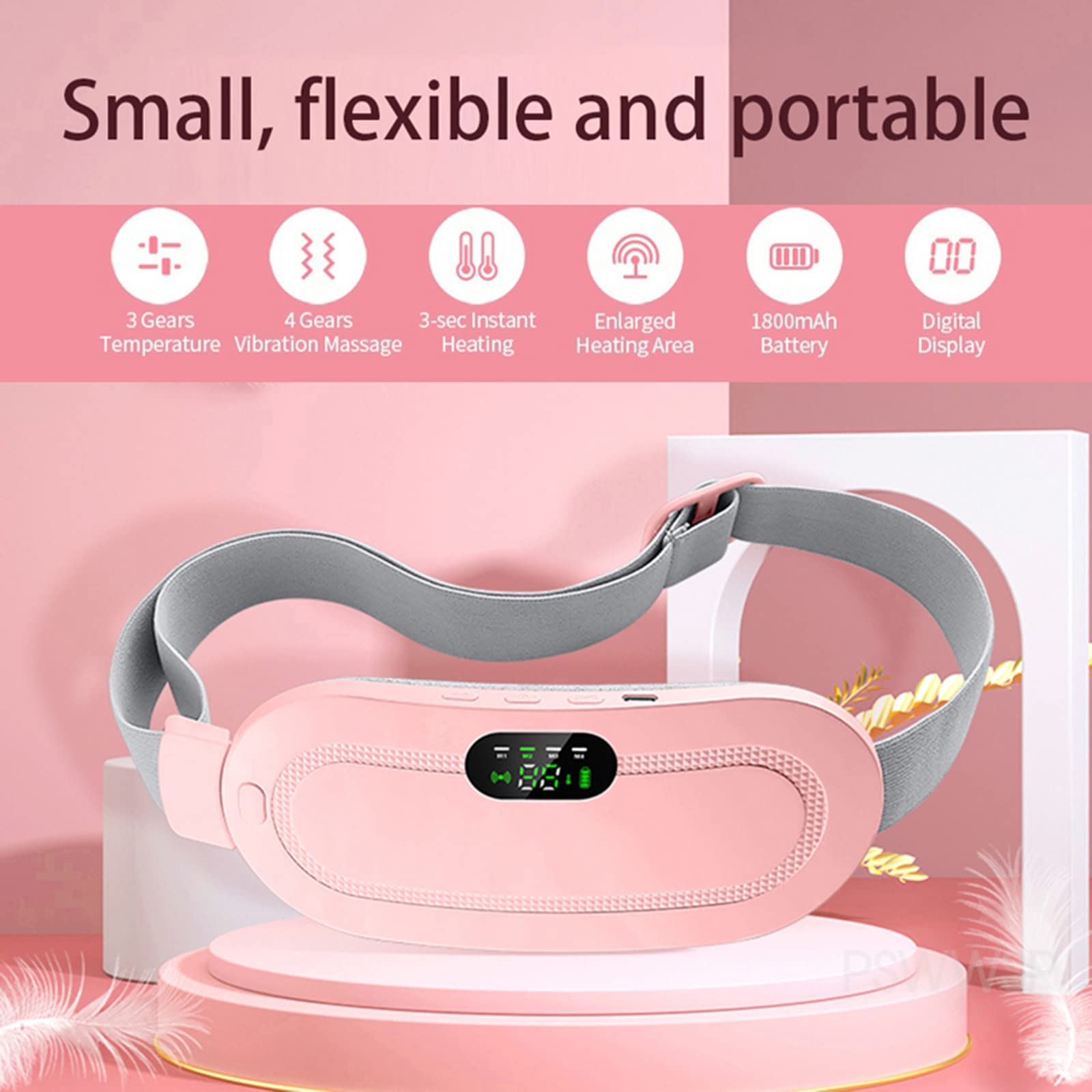 Tragbares Menstruations-Heizkissen, USB Elektrische Bauchwickel Wärmegürtel, Mit 3 Wärmestufen Und 3 Massagemodi, Schnelle Erwärmung Wickelgürtel Für Frauen Mädchen (Rosa)