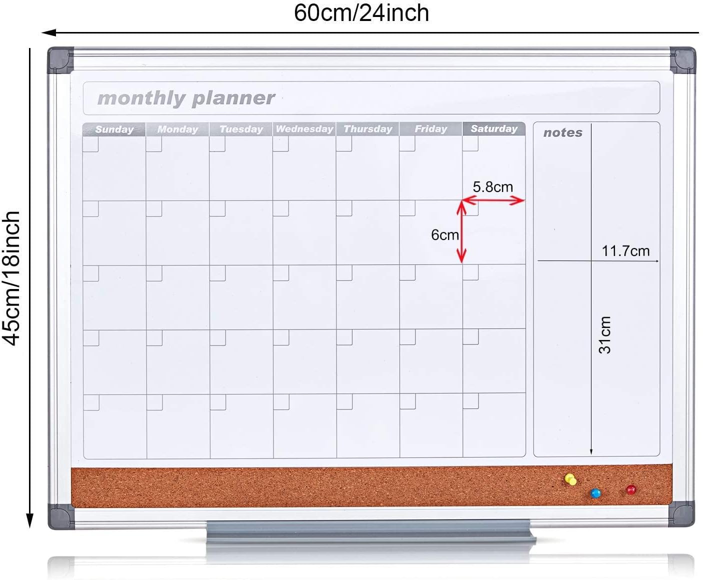 MAKELLO Monthly Dry Erase Calendar Whiteboard Cork Board Combo for Office, Classroom, Kitchen and Bedroom, 24x18 inches