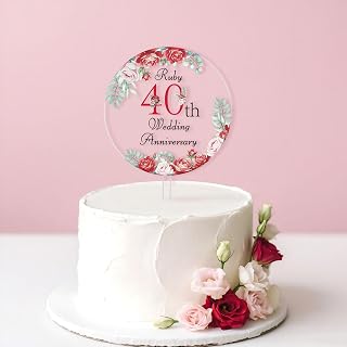 Ruby 40th Wedding Anniversary Acrylic Cake Topper - Red Acrylic Party Decoration for Couple, Company Anniversary Cake Pick Married 40 Years of Gift, 40th Wedding Party supply