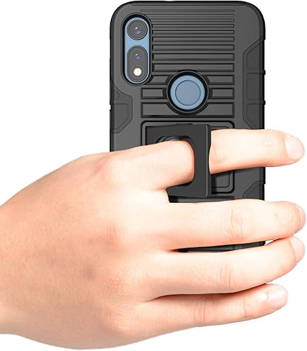 Miniatura 4 de Funda/soporte/clip para Moto E 2020, Nakedcellphone Black Rugged Cover [con soporte de agarre de dedo] + [funda de cadera para cinturón] + [soporte