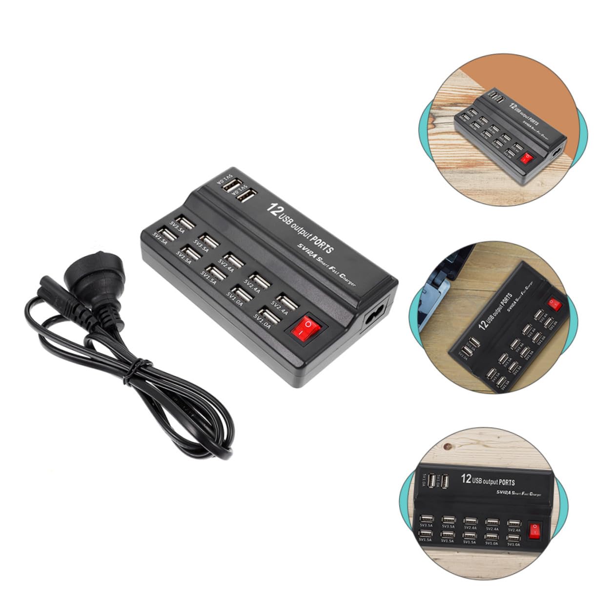 Homoyoyo Estación de Carga USB Inteligente de con Cable Europeo Cargador Múltiple para Móviles y Dispositivos Base de Enchufes Múltiples para Hogar y Oficina