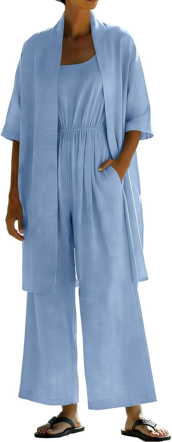 Casual 2 Piece Sets for Women Trendy Spaghetti Strap Jumpsuits and 3/4 Sleeve Cardigan Summer Beach Vacation Outfits