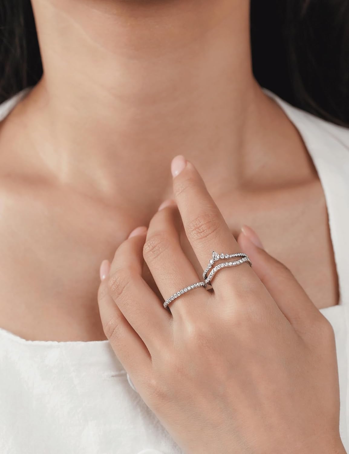 IMOLOVE Moissanite Wedding Bands for Women, 0.4 Carat Teardrop Stackable Curved Wedding Bands for Women Pear Shaped Silver Moissanite Rings for Women with 18K White Gold Plated Size 5-11 - Image 4