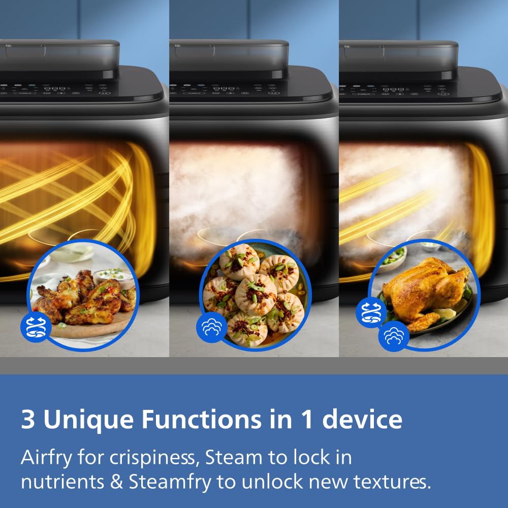 Philips Airfryer 5000 Series Megabasket with Steam - Unique Steamfry, Steam & Airfry - 28 Ways to Cook; 9,5L in Megabasket or 3L + 6L Dual Basket, RapidAir Plus Technology, Auto SteamClean (NA565/92) — view 7