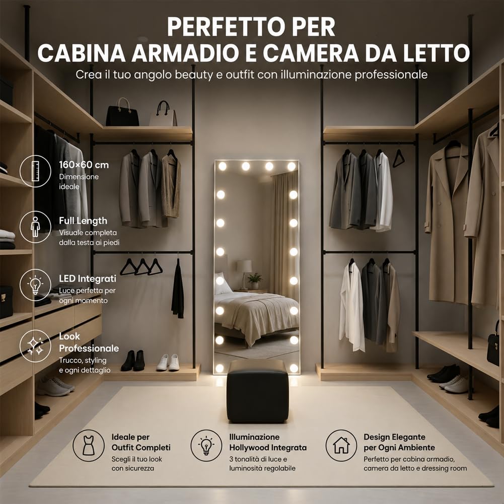 Shally Dogan Specchio XXL Hollywood Figura Intera Indipendente con Struttura in Alluminio con Led Bulbi a 3 Colori Dimmerabile, Bianco Caldo, Freddo e Neutro, Decorazione Interna 60 x 160 cm