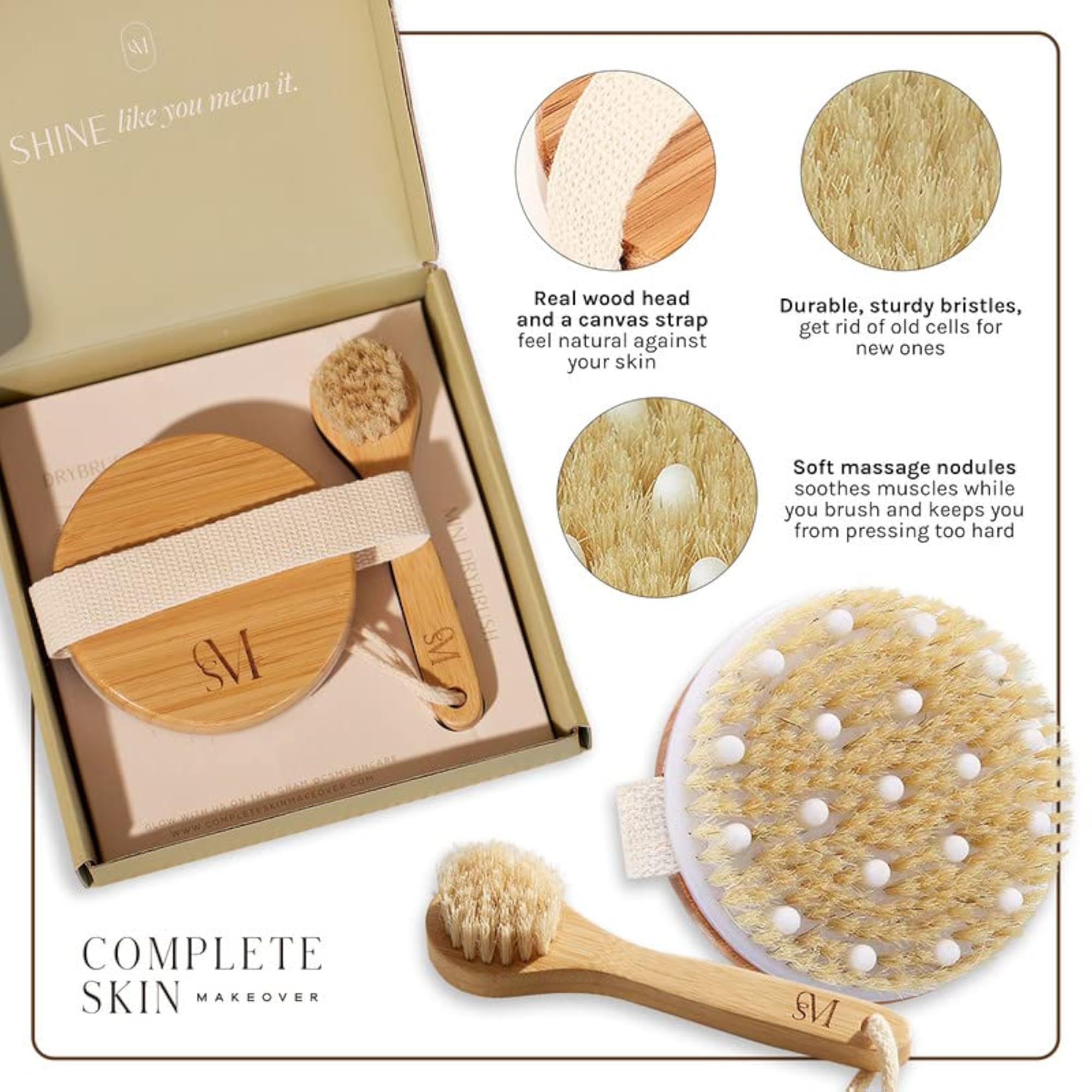CSM Dry Brushing Body Brush Set, Natural Bristle Exfoliating